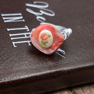 Vintage Pink Rose Cameo Wire Wrapped Ring Size 6.5 Handmade